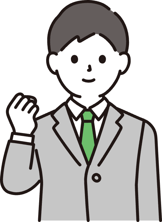 緑のネクタイでガッツポーズをする新入社員のイラスト