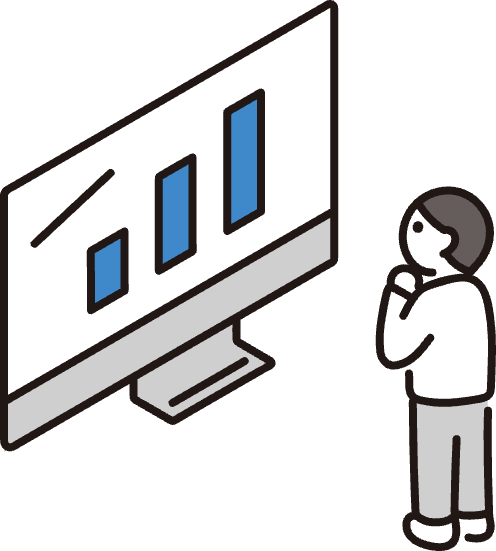 大きなモニターに映る棒グラフを見上げる人物のイラスト