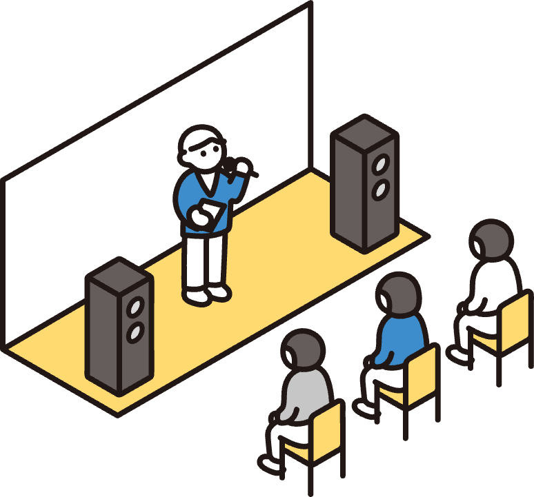 登壇者が話し、3人の聴衆が着席しているセミナー会場のアイソメイラスト